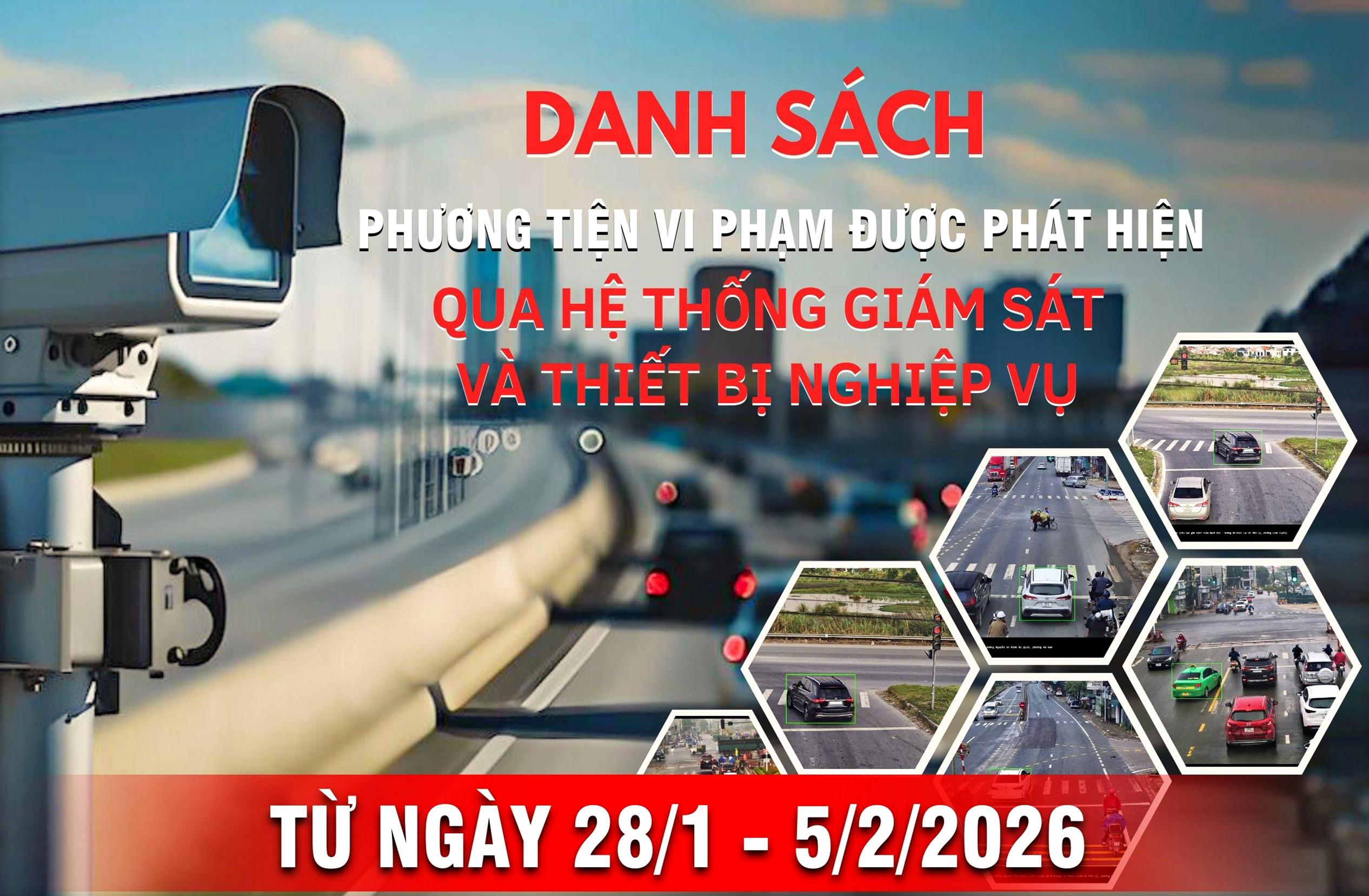 Danh sách phương tiện vi phạm được phát hiện qua hệ thống giám sát và thiết bị nghiệp vụ tuần thứ hai tháng 2/2026