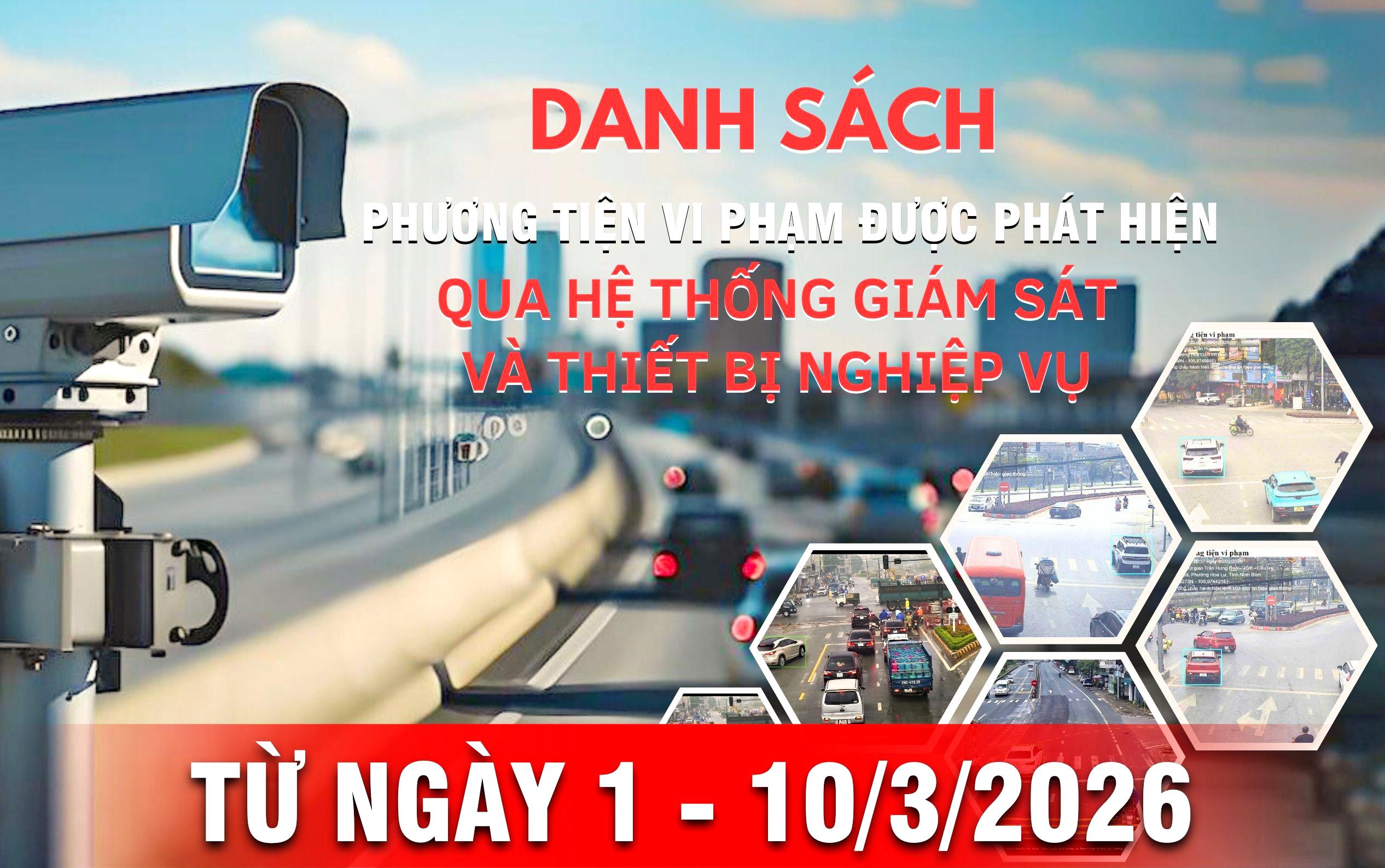 Danh sách phương tiện vi phạm giao thông được phát hiện qua hệ thống giám sát và thiết bị nghiệp vụ từ ngày 1-10/3/2026