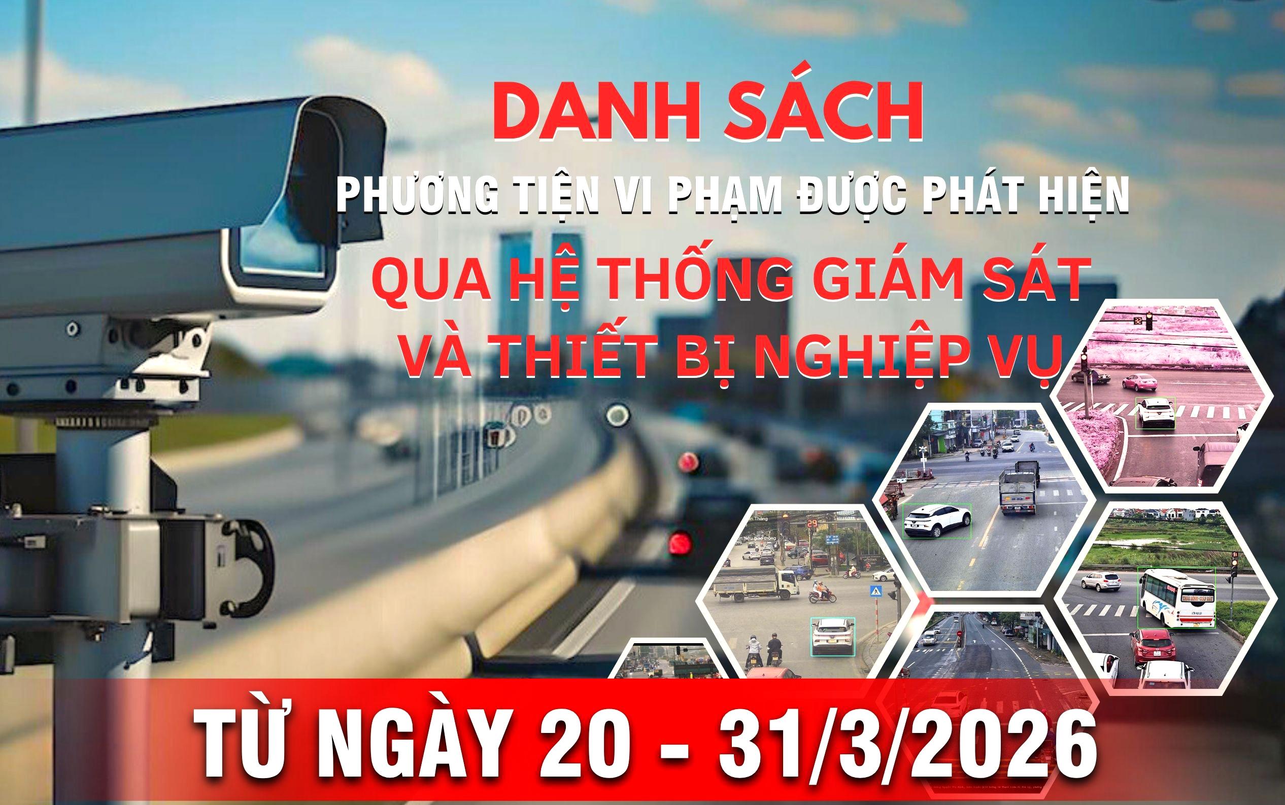Danh sách phương tiện vi phạm giao thông được phát hiện qua hệ thống giám sát và thiết bị nghiệp vụ từ ngày 20-31/3/2026