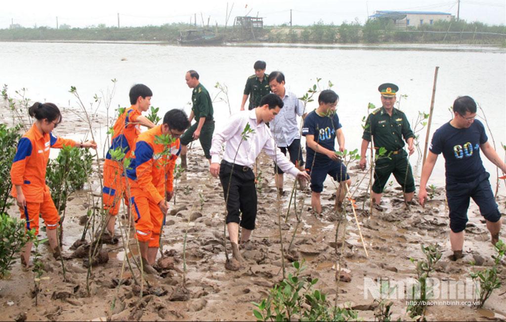 Cán bộ, nhân viên Công ty Điện lực Ninh Bình cùng lực lượng Bộ đội Biên phòng tỉnh và cán bộ, nhân dân xã Giao Minh trồng cây xanh hưởng ứng Chiến dịch giờ Trái đất.