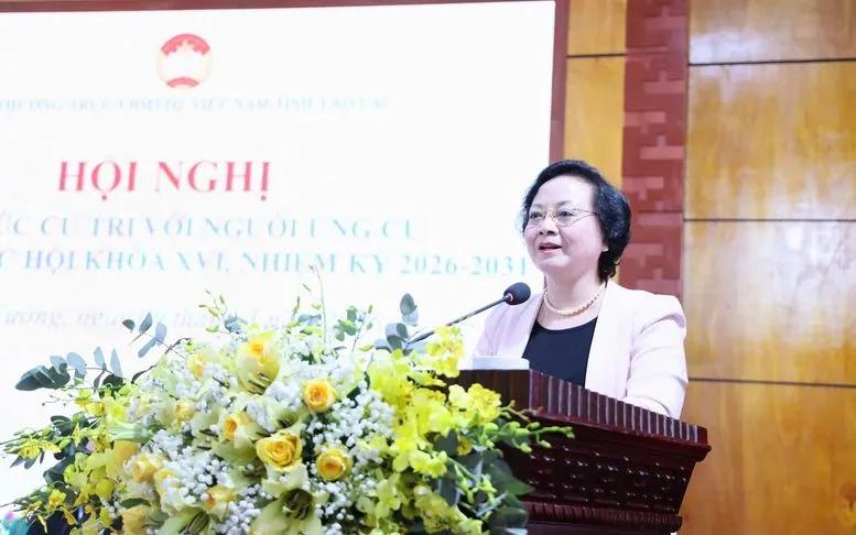 Bí thư Trung ương Đảng, Phó Thủ tướng Chính phủ Phạm Thị Thanh Trà phát biểu tại Hội nghị tiếp xúc cử tri với người ứng cử đại biểu Quốc hội khóa XVI