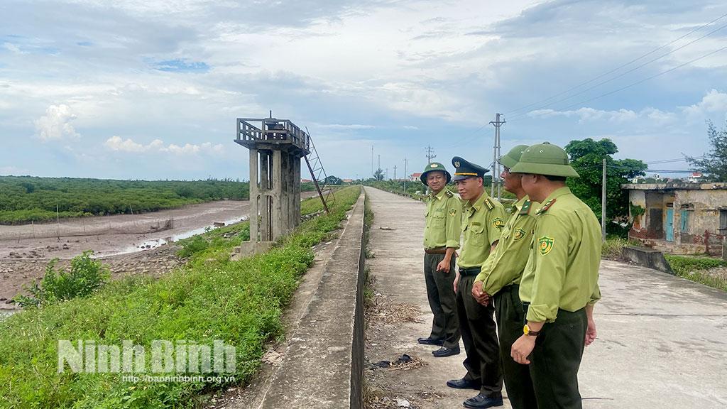 Cán bộ Hạt Kiểm lâm Nghĩa Hưng kiểm tra, kiểm soát tình hình rừng phòng hộ ven biển.