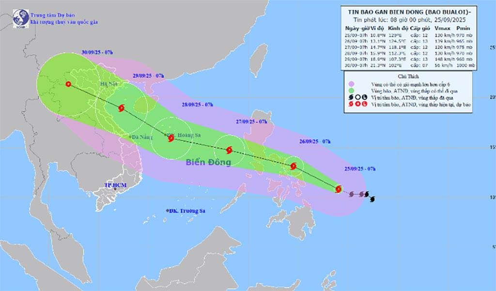 Vị trí và đường đi của bão Bualoi. (Ảnh: kttv.gov.vn)