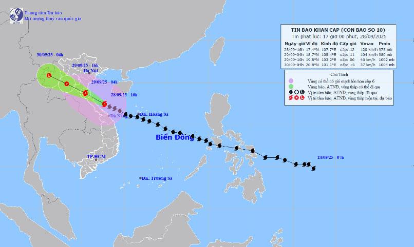 Vị trí và đường đi của bão số 10. (Nguồn: Trung tâm Dự báo Khí tượng Thủy văn Quốc gia).