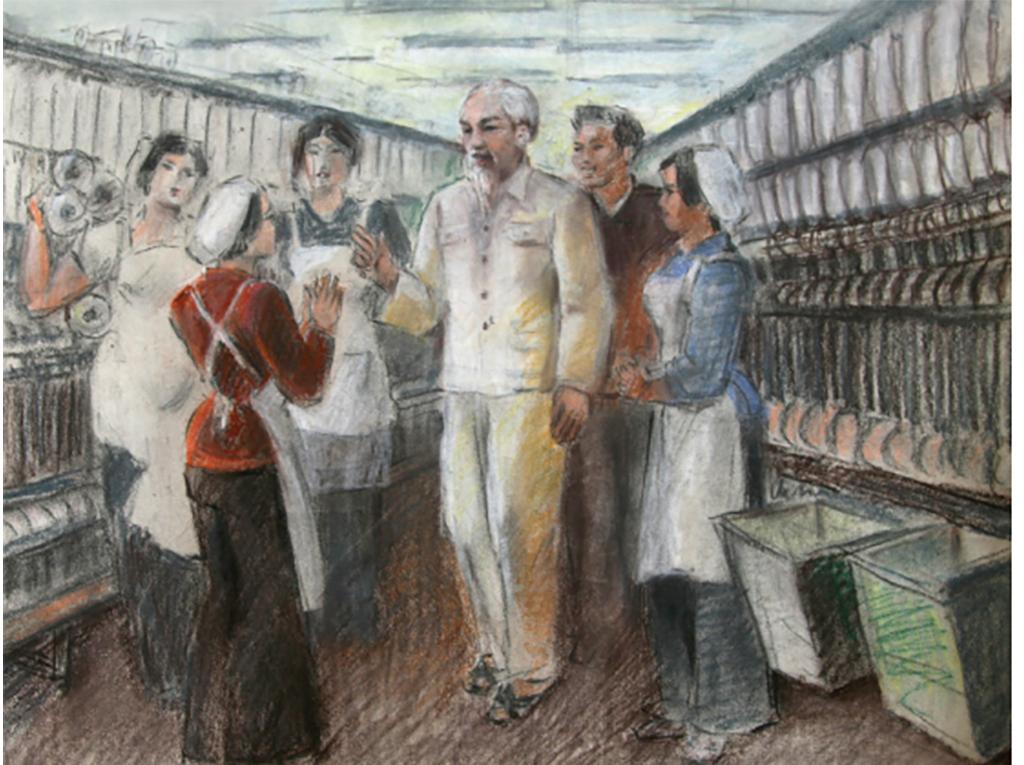 Bức tranh “Bác Hồ thăm công nhân Nhà máy Dệt” của họa sĩ Dương Đức Điện.