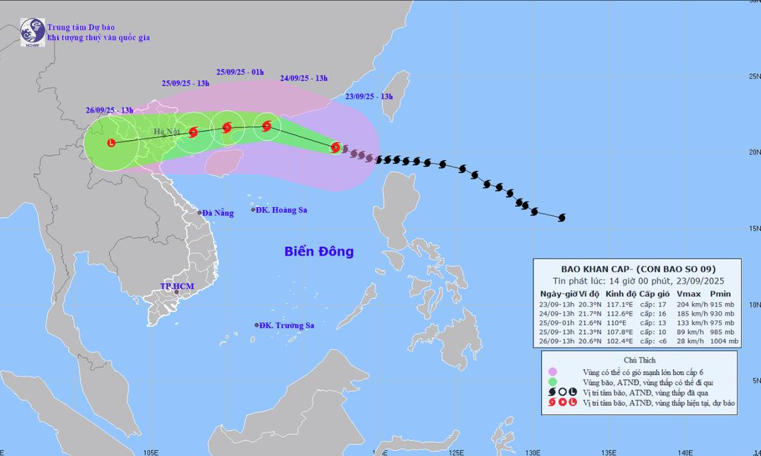Vị trí và đường đi của bão số 9. Ảnh: TTXVN