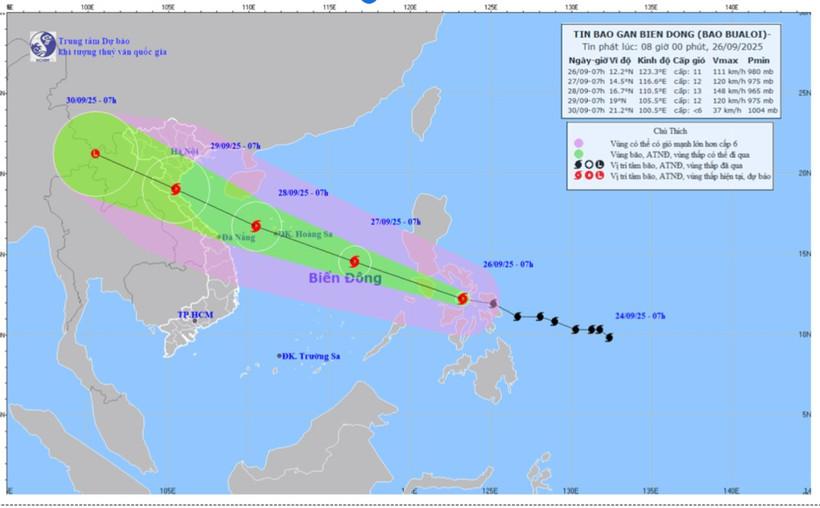 Bản đồ dự báo quỹ đạo và cường độ bão Bualoi phát lúc 8 giờ ngày 26/9.