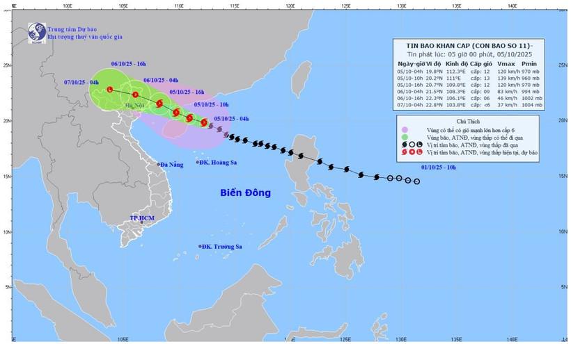 Bản đồ dự báo quỹ đạo và cường độ bão số 11 phát lúc 5 giờ sáng 5/10/2025. (Nguồn: Trung tâm Dự báo khí tượng thủy văn quốc gia).