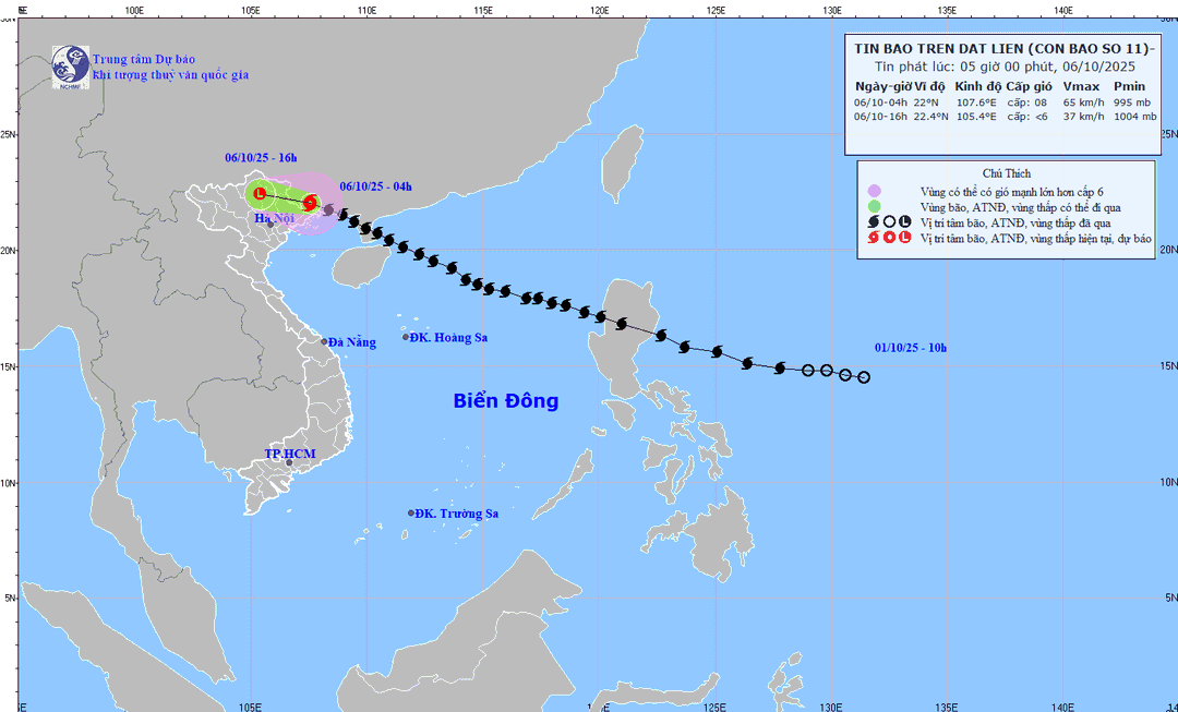 Sơ đồ đường đi của cơn bão. (Nguồn: Trung tâm Dự báo Khí tượng Thủy văn Trung ương)