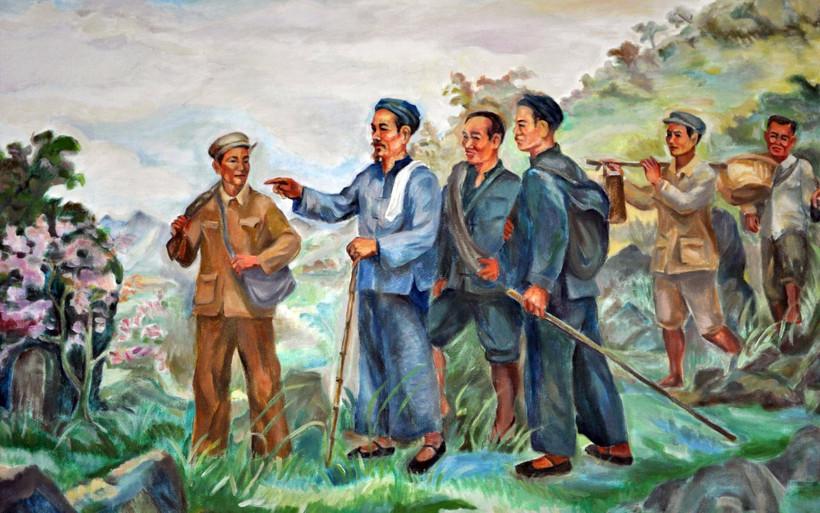 Ngày 28/1/1941, lãnh tụ Nguyễn Ái Quốc và các đồng chí Lê Quảng Ba, Phùng Chí Kiên, Thế An, Đặng Văn Cáp, Hoàng Văn Lộc vượt qua mốc 108 biên giới Việt Nam-Trung Quốc về đến Pác Bó (xã Trường Hà, Hà Quảng, Cao Bằng cũ), một nơi “bí mật” có “hàng rào quần chúng bảo vệ và có đường rút lui”. Nguồn: Bảo tàng Hồ Chí Minh.