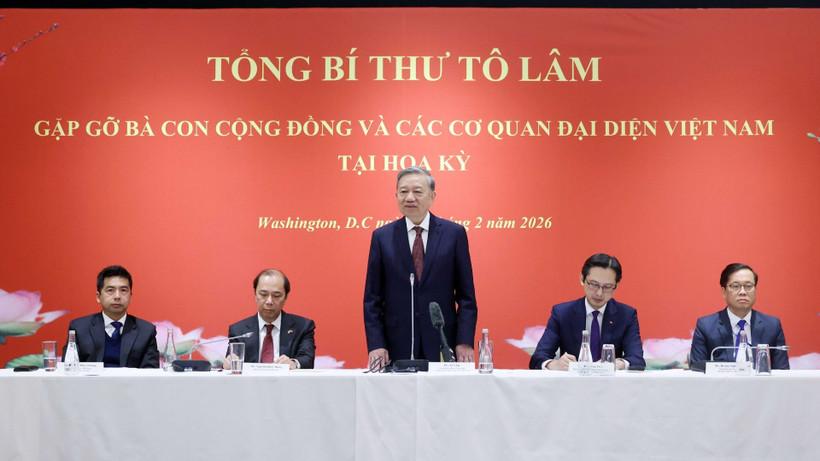 Tổng Bí thư Tô Lâm phát biểu tại buổi gặp gỡ bà con cộng đồng và các cơ quan đại diện Việt Nam tại Hoa Kỳ. (Ảnh: Thống Nhất/TTXVN)