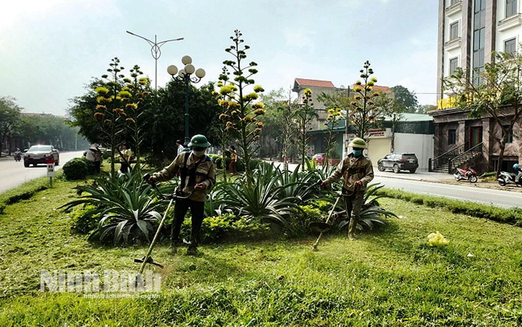 Công nhân Trung tâm Vệ sinh môi trường đô thị huyện Hoa Lư cắt tỉa, chỉnh trang khuôn viên dải phân cách Quốc lộ 1 đoạn qua địa bàn huyện Hoa Lư. Ảnh: Minh Quang