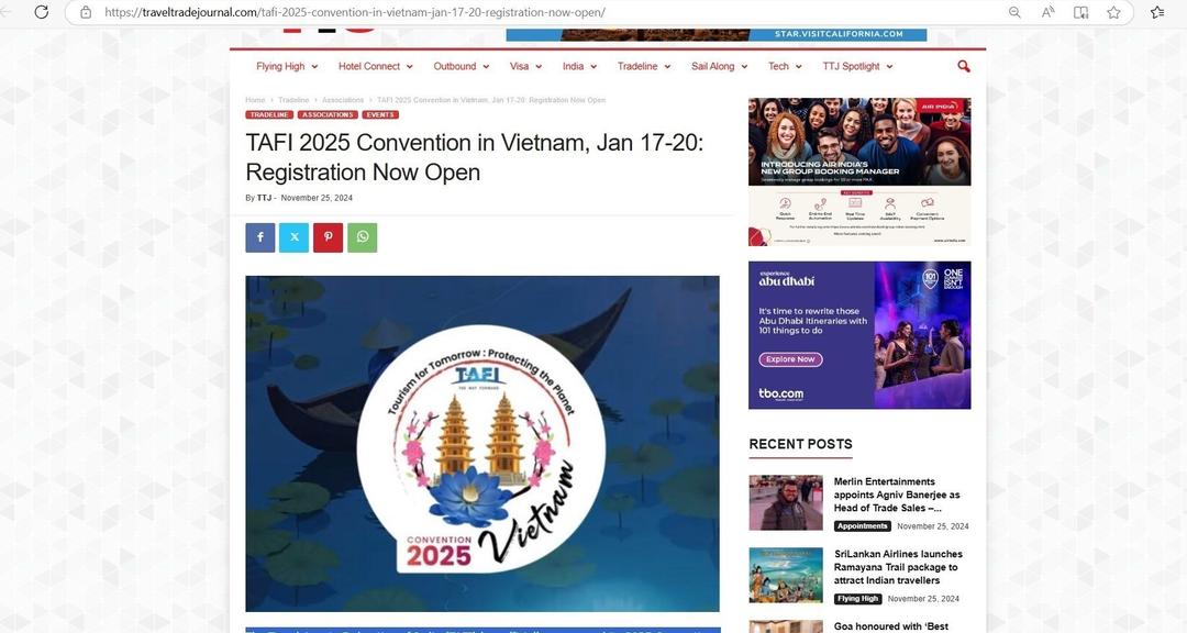 Trang web đăng bài viết về việc Liên đoàn Đại lý Du lịch Ấn Độ chính thức chọn tỉnh Ninh Bình làm địa điểm tổ chức Hội nghị thường niên của TAFI.