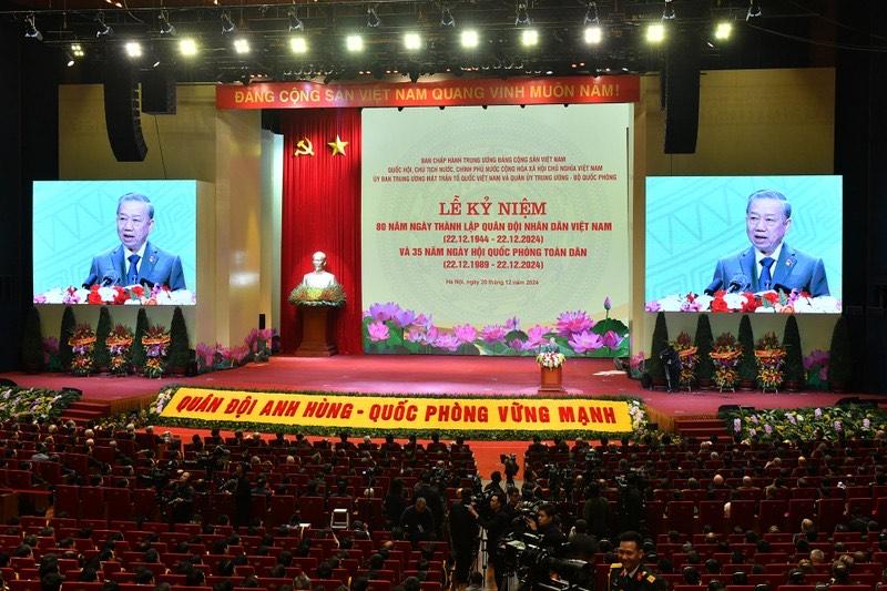 Tổng Bí thư Tô Lâm, Bí thư Quân ủy Trung ương đọc Diễn văn Kỷ niệm 80 năm Ngày thành lập Quân đội nhân dân Việt Nam, 35 năm Ngày hội Quốc phòng toàn dân. Ảnh: NDO