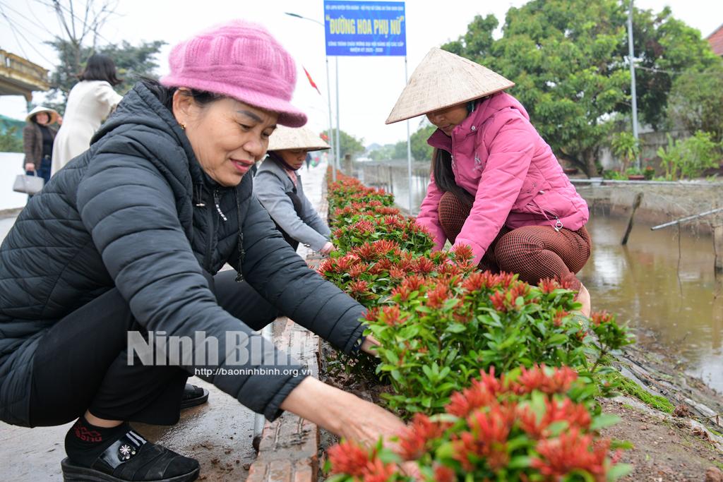 Hội viên phụ nữ tích cực tham gia trồng cây xanh, đường hoa để làm đẹp không gian sống. Ảnh: Trường Giang