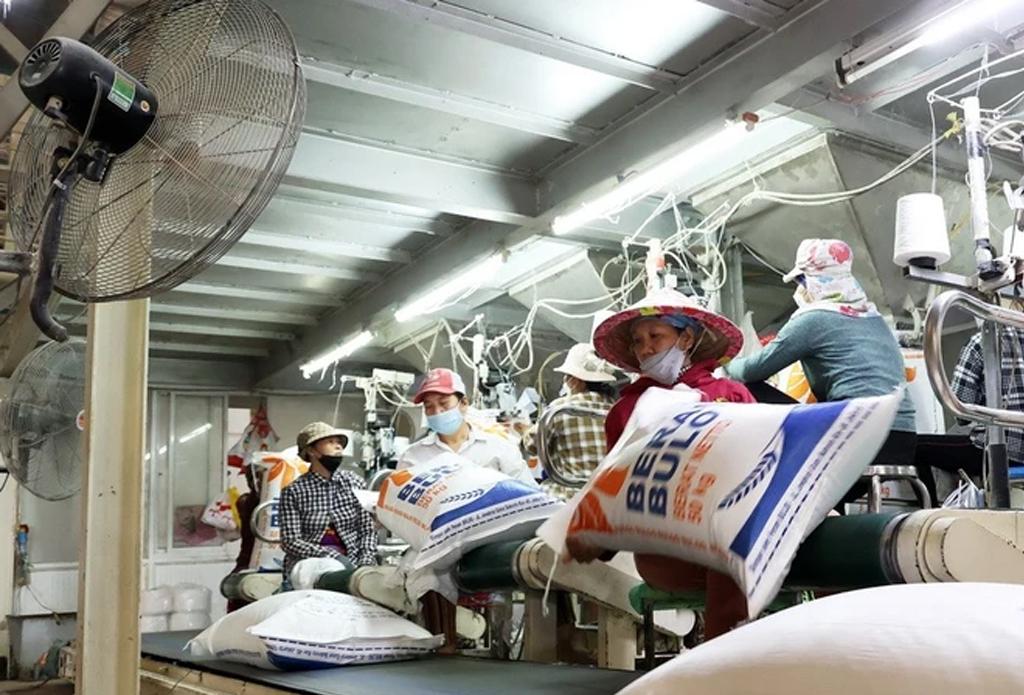 Dây chuyền đóng bao gạo sản xuất tại An Giang. Ảnh: TTXVN