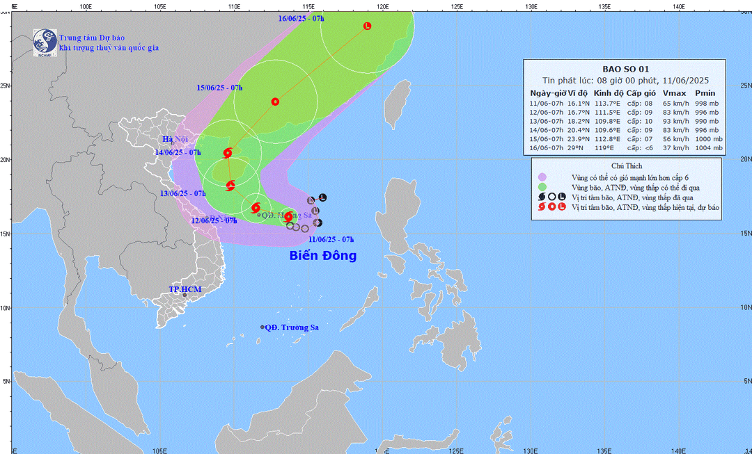 Dự báo hướng đi của cơn bão số 1.