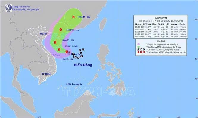 Đường đi và vị trí của áp bão số 1. Ảnh: thoitietvietnam