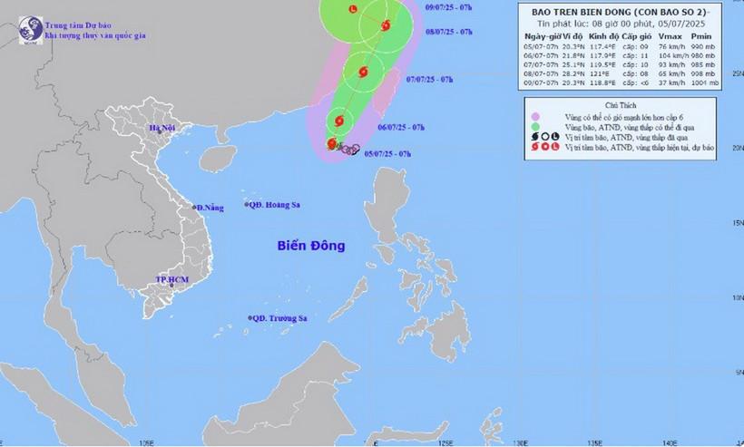 Hình ảnh vị trí và đường đi của bão số 2. (Nguồn: Trung tâm Dự báo Khí tượng Thủy văn Trung ương)
