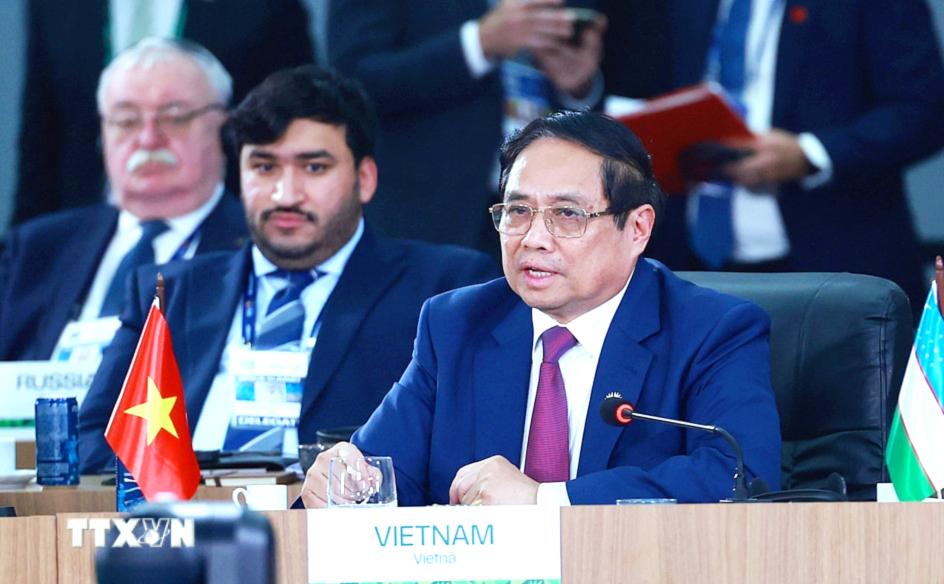 Thủ tướng Phạm Minh Chính phát biểu tại Phiên thảo luận cấp cao Hội nghị BRICS mở rộng.