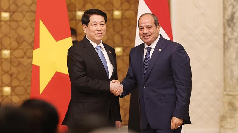 Chủ tịch nước Lương Cường và Tổng thống Ai Cập Abdel Fattah AL Sisi tại cuộc gặp gỡ báo chí, thông tin về kết quả hội đàm. (Ảnh: TTXVN)