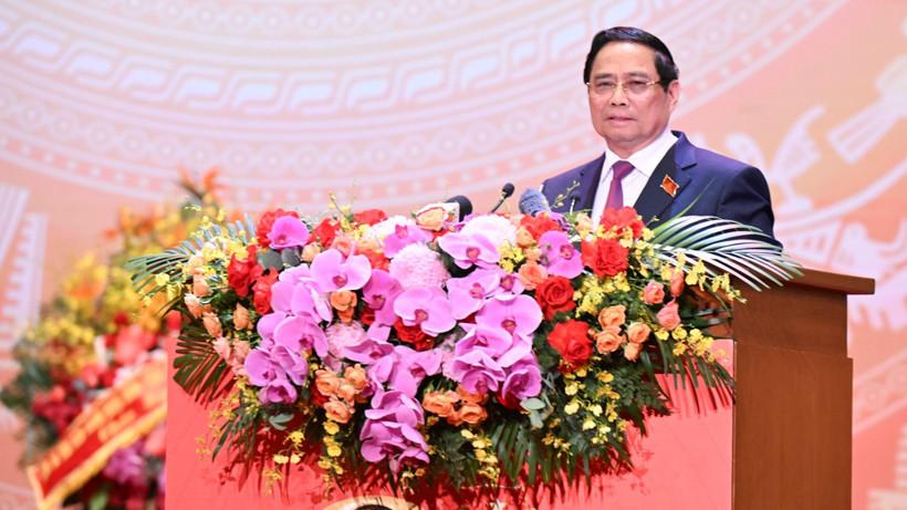 Thủ tướng Phạm Minh Chính trình bày diễn văn kỷ niệm 80 năm thành lập Chính phủ. (Ảnh: TRẦN HẢI)