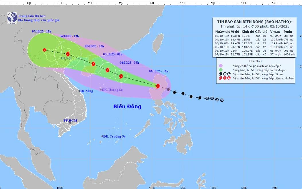 Bản đồ dự báo quỹ đạo và cường độ bão phát lúc 14h ngày 3/10/2025. (Ảnh: KTTV)