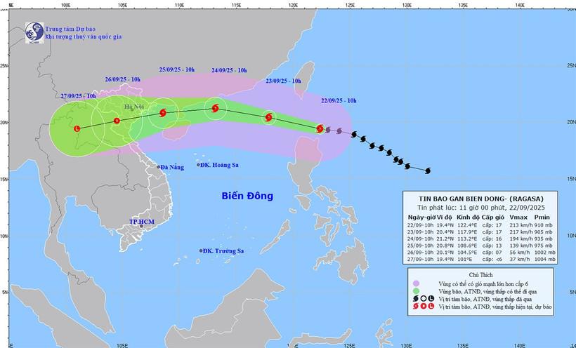 Bản đồ dự báo quỹ đạo và cường độ siêu bão Ragasa phát lúc 11 giờ ngày 22/9.