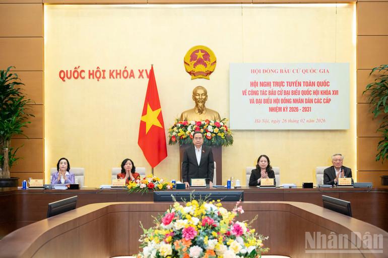 Chủ tịch Quốc hội Trần Thanh Mẫn chủ trì Hội nghị trực tuyến toàn quốc triển khai công tác bầu cử. (Ảnh: Nhân Dân)