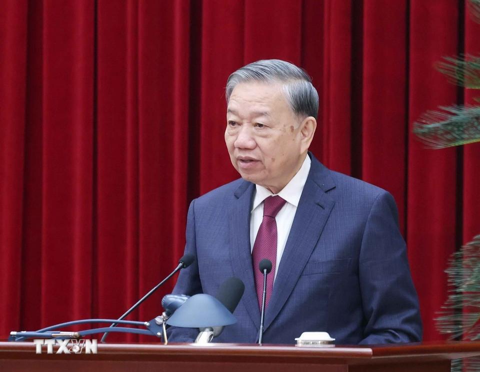 Tổng Bí thư Tô Lâm phát biểu bế mạc Hội nghị lần thứ 14 Ban Chấp hành Trung ương Đảng khóa XIII. (Ảnh: Thống Nhất/TTXVN)