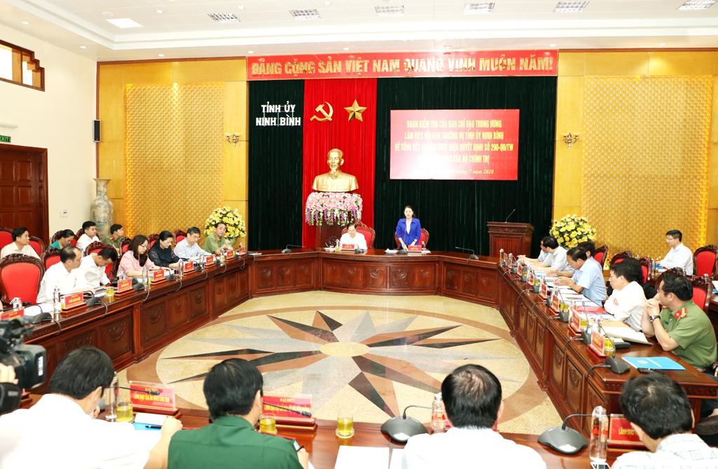 Đoàn kiểm tra của Ban chỉ đạo Trung ương về thực hiện Quyết định 290 của Bộ Chính trị làm việc với Ban Thường vụ Tỉnh ủy Ninh Bình